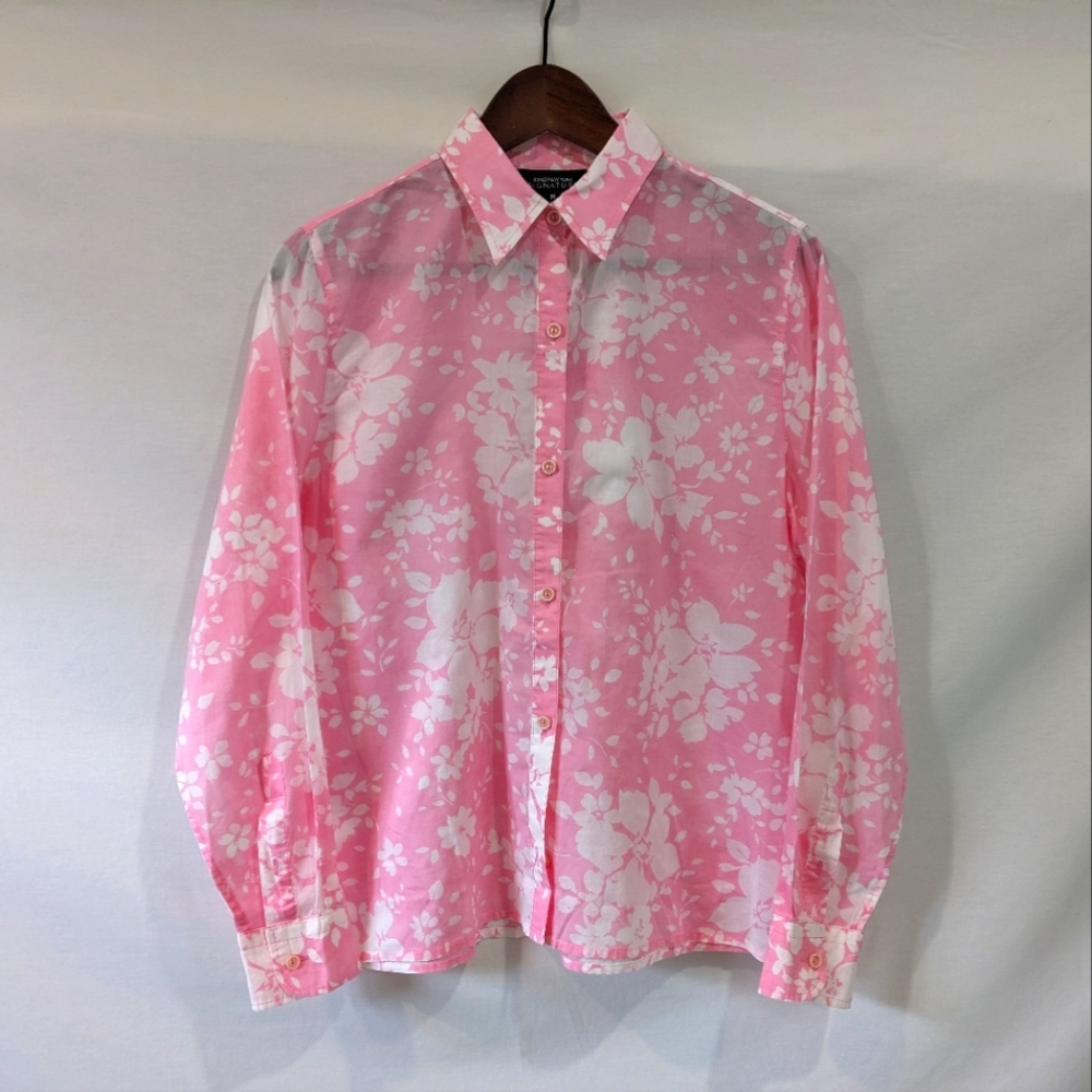 Vintage Jones New York Pink Floral 100% Cotton Button Down Shirt Size Medium